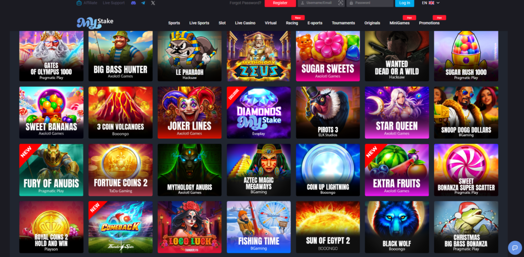 MyStake casino lobby showing game categories, sportsbook and crypto deposit options