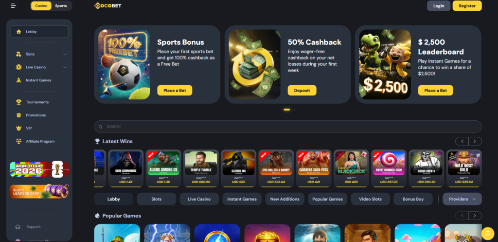CocoBet casino interface displaying game lobby and crypto payment options