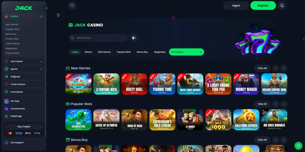 JACK casino homepage showing sportsbook and crypto casino interface